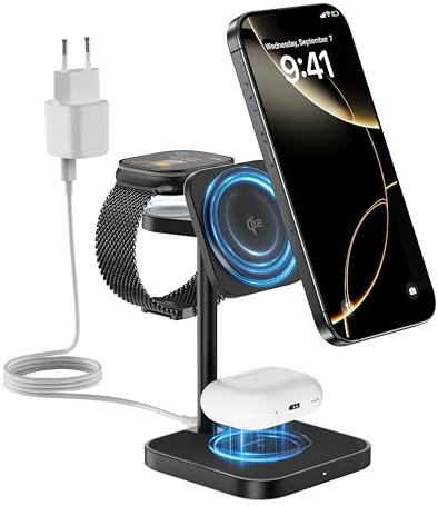 LULULOOK [Certificato Qi2] stazione di ricarica per Apple Watch e iPhone, in alluminio 3 in 1 con ricarica rapida da 15 W, per iPhone 17/16/15/14/13/12, 5W per Apple Watch Ultra 3 2 1, AirPods Pro 3