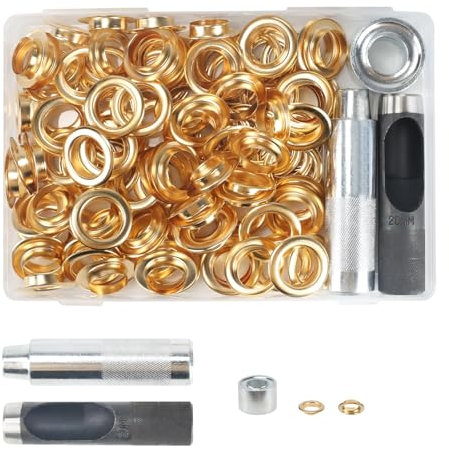 Zythrem Eyelet Punch Kit 100 Sets 20mm Grommet Eyelets Kit Grommet Tool Kit Metal Washers Setting Tool Grommet Punch Kit, Eyelets for Fabric Tarpaulin Leather DIY Projectd Crafts Making, Gold