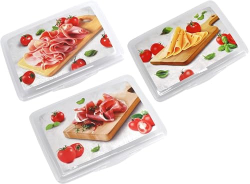 Homelandia - 3x Fiambrera Nevera, Tuper para Alimentos, Tupper Porta Embutidos, Fiambrera Conservación Embutidos, Apilable Reutilizable Optimización Espacio, Transparente, Sin BPA