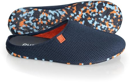 Purosteps Hausschuhe Model: Casa-Signet *Aus Recycelten PET-Flaschen in spanischer Manufaktur hergestellt* Nachhaltige & Vegane premium Pantoffel für Damen & Herren (Dunkel Blau-Orange/Größe: 44)