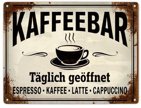 Kaffeebar Metallschild XXL in 28x38 cm im Vintage-Stil Vintage-Stil Café - Dampfende Tasse ESPRESSO - Täglich geöffnet