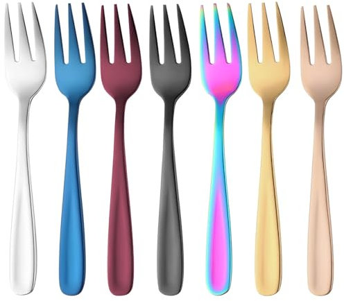 HTRTRR Lot de 7 fourchettes à dessert en acier inoxydable 18/10 - Mini fourchettes à gâteau colorées pour collations et fruits - Pour la maison, le bureau, le magasin, les fêtes de mariage