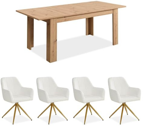 Homestyle4u 2796, Esszimmergruppe mit 4 Stühlen Esszimmertisch Polsterstühle Beige Essgruppe Set Esstisch ausziehbar