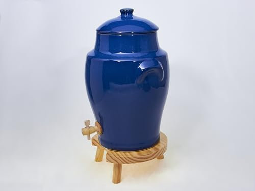 Vinaigrier en Grès Bleu 4L Poterie Artisanale Support en Bois pour la Macération à la Maison
