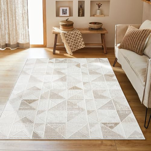 payé Teppich Wohnzimmer Creme 200x290 cm - Kurzflor, Klassisch Modern mit Geometrischem Muster