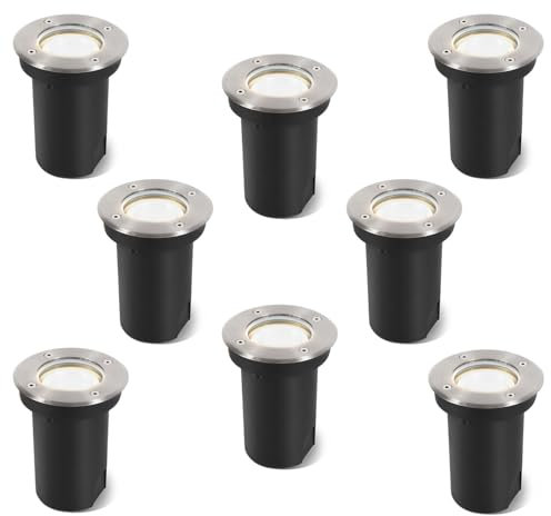 Vigevee 8er set Bodeneinbauleuchte für GU10, Bodeneinbaustrahler Aussen Led Runde, IP67-Wasserdicht Bodenstrahler, Drehbarer Bodenleuchten mit Lichtquelle, Neutralweiß 4000K, Silber Gebürstet