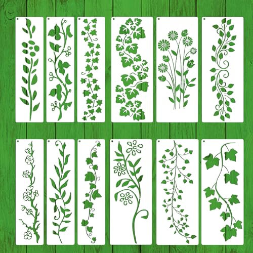 12pcs Leaf Vine Stencils, Leaves Flower Stencil Reusable Wall Stencils for Crafts, Drawing Templates Stencil for Painting on Wood Wall Canvas Furniture Home Décor