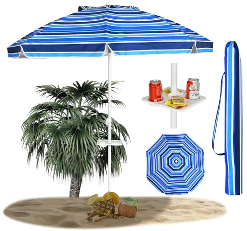 RELAX4LIFE Parasol de Plage Inclinable avec Mât Démontable et Pieds à Vrille, Parapluie de Soleil à 8 Baleines Résistant en Fibre de Verre, Lucarne pour Jardin, Patio (Ø220 x H220cm, Bleu foncé)