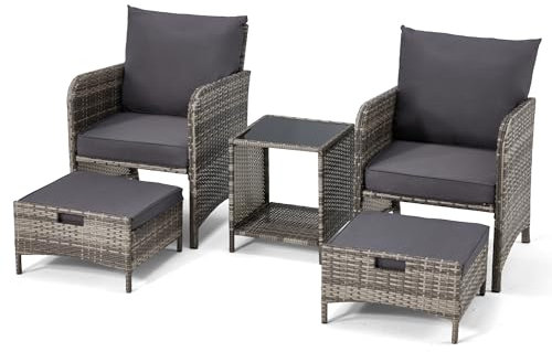 EROMMY 5 TLG. Gartenmöbel Set, Rattan Balkonmöbel Set inkl. Kaffeetisch, Stühle mit Kissen & Hocker, Terassenmöbel außen für Garten, Balkon, Terrasse, Poolseite, Grau