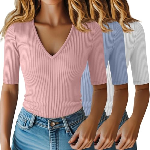 Riyiper Lot de 3 Hauts pour Femme à Manches mi-Longues Jusqu'au coude en Coton côtelé col en V Coupe ajustée
