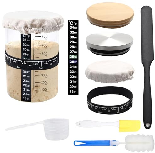 Kit levain 900 ML Bocal de démarrage pour levain - Kit de démarrage avec bois, couvercle en acier inoxydable, capuchon en tissu, élastique, bandeau de température, spatule en silicone