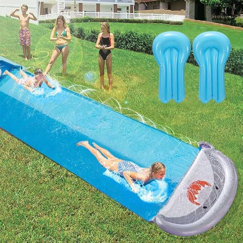 Water Slides for Garden Inflatable,WDKXCN 550 * 145cm Slip and Slide Water Slide for Kids, Inflatable Lawn Water Slide with 2 Bodyboards, Double Waterslide for Outdoor,Built-in Sprinkler,Shark Style
