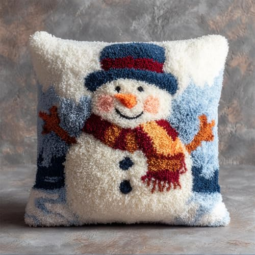 Taxpy 43X43Cm Diy Knüpfkissen Zum Selber Knüpfen Knüpfhaken-Set Schneemann Winter Schnee Süße Tiere，3D-Kissen，Materialien，Paketbezug，Knüpfhaken-Set，Kissen-Stickset，Bastel- Und Heimdekoration