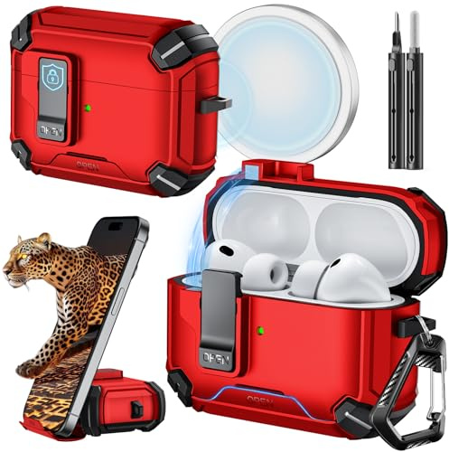 Inesore for AirPods Pro 3 Hülle (2025) with Phone Stand Design, Compatible with MagSafe, Auto-Locking Case Cover for Air Pods Pro 3rd with Cleaning Kit & Keychain, Red