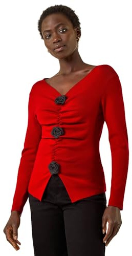Roman Originals Rose Front Knit Top for Women UK - Ladies Everyday Autumn Winter V-Neckline Comfy Soft Evening Vacation Work Party Night Out - Red - Size 12