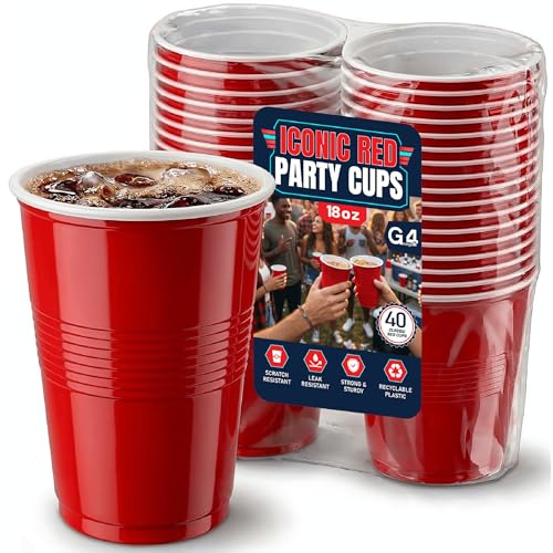 G4GADGET Vasos de plástico rojo de 500 ml, paquete de 40 vasos desechables y reutilizables resistentes, vasos grandes para fiestas para barbacoa, cerveza pong, cumpleaños, boda, picnic y eventos