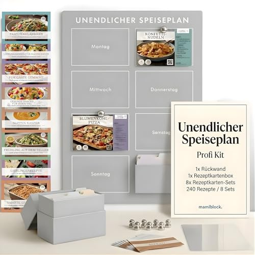 mamiblock Unendlicher Speiseplan – Magnetischer Wochenplaner in (Hellgrau) | Mit 8 Rezeptkarten-Sets (240 Rezepte), inkl. Rückwand, Box & Schutzhülle – BPA-frei.