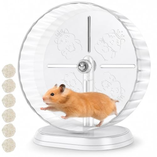 Hamsterrad, 24 cm Leise mit Kugellager & Verstellbar Ständer | Hamster Laufrad Transparentes mit 6 Weidenbällen, Rutschfeste Lauffläche, für Hamster, Rennmäuse, Mäuse & Degus