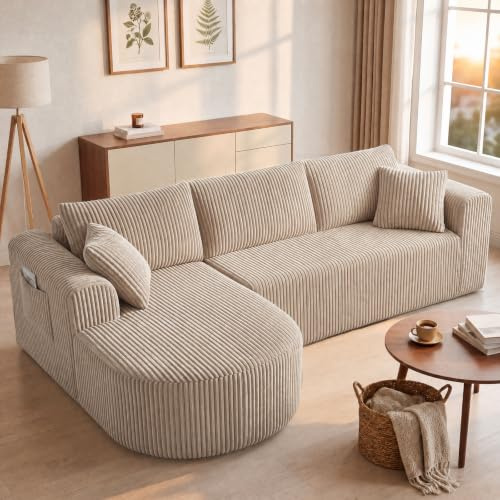 COMHOMA Ecksofa mit Schlaffunktion, 263cm Corduroy Modulares Boneless Couch mit Chaiselongue, L-Form Schlafsofa, Sektionssofas mit Kissen & Seitentaschen,Sofa für Wohnzimmer, Keine Montage, Beige