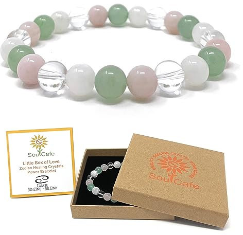 Cancer Birthstone Crystal Bracelet - Power Bead Bracelet - Zodiac Birthstones - SoulCafe Gift Box & Cancer Traits & Crystal Meaning Card - Moonstone, Green Aventurine, Rose Quartz, Clear Quartz.