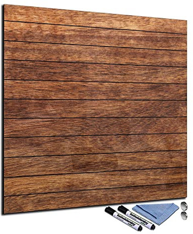 Glas-Magnettafel 60x60 cm Whiteboard Wand Beschreibbar Quadratisch Magnetisch Küche Office Büro mit Zubehör Wochenplaner Abwischbar Deko Memoboard Tafel Holz-Optik Braun