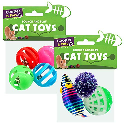 Cooper & Pals 7pk Cat Toys | The Entire Set Includes 5 Assorted Coloured Jingle Balls, 1 Furry PomPom & 1 Colourful Mouse | Complete Cat Toy Playset
