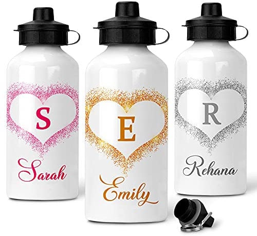 EnvyFone Personalised Water Bottle - Heart Shape Glitter Effect - NAME and INITIAL - School - Packed Lunch - Girls Ladies Sports Drinks Bottles Birthday Gift Present