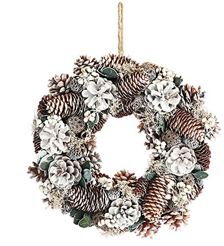 COM-FOUR® Türkranz Weihnachten - Adventskranz mit Mehreren Zapfenarten und weißen Beeren - Dekokranz - Weihnachtsdeko - Tischkranz - Weihnachtskranz
