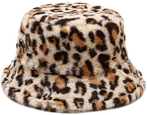 XYIYI Leopard Beige Pelzig Fischerhut Bucket Hat Winter Wärmer Gepard Eimer Hut Flauschige Fischermütze für Damen Mädchen