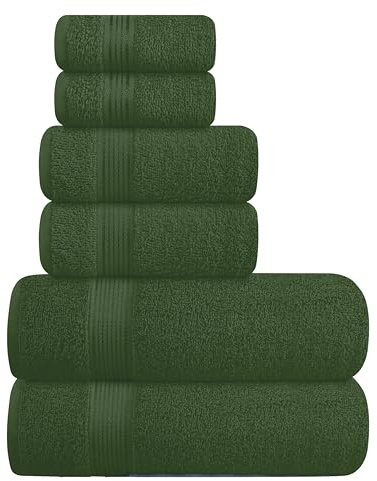 Elvana Home Ultraweiches Handtuch-Set aus Baumwolle, enthält 2 Badetücher 71.1x139.7 cm, 2 Handtücher 40.6x61 cm, 2 Waschlappen 30.5x30.5 cm, kompakt und leicht – Olivgrün, 6 Stück