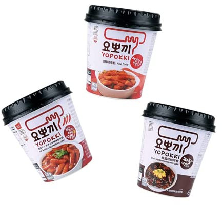 Yopokki 3er Pack Mix Reiskuchen im Becher - Korean Instant Rice Cake Cups - Top 3 koreanische Reiskuchen - Scharf & Süß Pikant & Schwarze Bohnen - OG ASIA - 400g