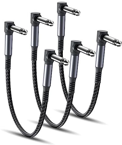 RUXELY Guitar Patch Cables 15CM 3-Pack,6.35MM Effects Pedal Board Cord,Nylon Braided 1/4 Right-Angle Instrument Audio Cable,Pedalboard Connector TS Copper Wire for Amp/Amplifier,Mixer,Electric Bass
