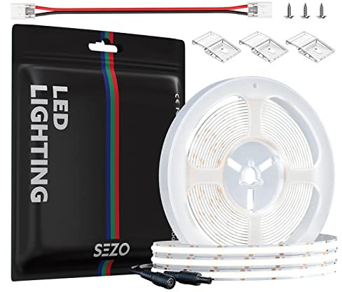 SEZO 12V FCOB LED Streifen Kühles Weiß 5M 480LEDs/M Dimmbar COB LED Strip Lights CRI90+ 6000K FOB Lichtband Flexibel Unterbodenleuchte für Wohnzimmer Schlafzimmer DIY Innenbeleuchtung Projekte