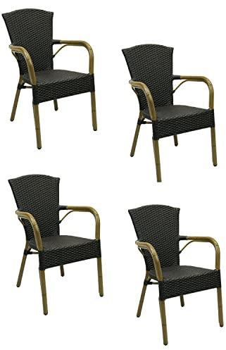 Konway 4X Colombo Stapelsessel Schwarz Polyrattan Garten Sessel Stuhl Set Black Gartenstühle Gartenmöbel Terrasse Sitzgruppe Outdoor Lounge Möbel