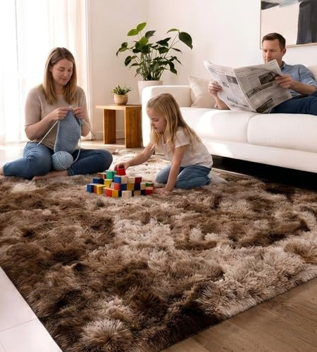 VOFUSHON Teppich Wohnzimmer 120 x 160 cm Braun | Hochflor, Waschbar, OEKO-TEX Zertifiziert, 35D Rückprallschaum, Schlafzimmer, Rutschfeste Unterseite, Flauschig
