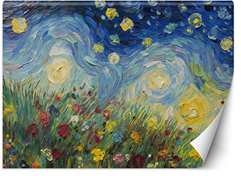 Feeby Premium Vinyl Fototapete 450x315 cm XXL Wandtapete Tapeten Wohnzimmer Schlafzimmer Jugendzimmer Büro Flur Hotel Spa Moderne Design Wand Dekoration Wiese Blumen Sternen Blau