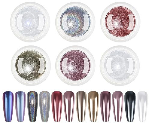 BISHENGYF 6 Box Rose Gold Chrome Nail Powder, Metallic Nail Art Pigment Powder Set, Pearl Effect Chrome Pigment Powder and Holo Chrome Powder