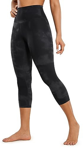 CRZ YOGA Butterluxe Damen High Waist 3/4 Leggings Capri Blickdicht Sport Yoga Fitness Sommer Sporthose - 53cm Schwarze Tie-Dye-Blumen 40