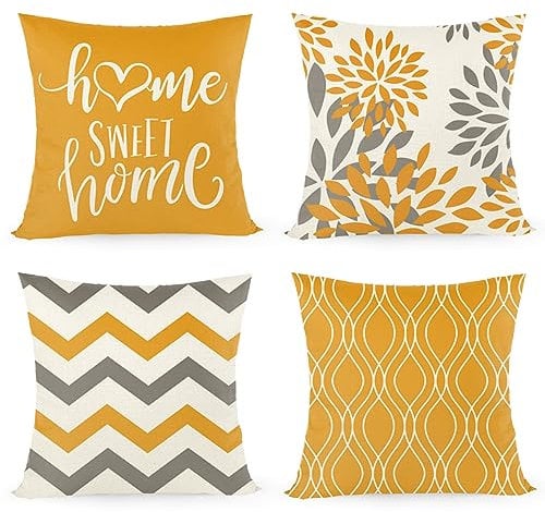 Joyshare Kissenbezug 40x40 4er Set,Dekorative Sofakissen Kissenbezüge Leinen,Home Sweet Home Gelb Kissenhülle mit Verstecktem Reissverschluss,45×45cm Gelb