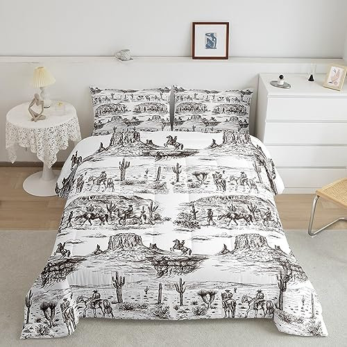 Castle Fairy Southwest Cowboy Comter Full Western Desert Bettwäsche 3-teilig schwarz weiß Bauernhaus Steppdecke Jungen Männer Mädchen Erwachsene Zimmer Dekor Wildpferd Kaktus Bettbezug Einsatz, 2
