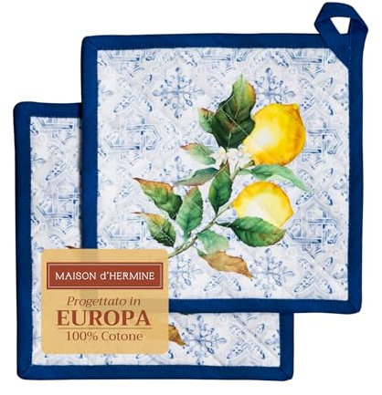 Maison d' Hermine Topflappen, 100% Baumwolle, hitzebeständig, Set mit 2 Hotpads mit Schleife zum Backen, Grillen, Mikrowelle, Umgang mit heißen Pfannen, Citrus – Frühling/Sommer (20cm x 20cm)