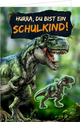 Grußkarte – Hurra, du bist ein Schulkind!: mit T-Rex-Anhänger
