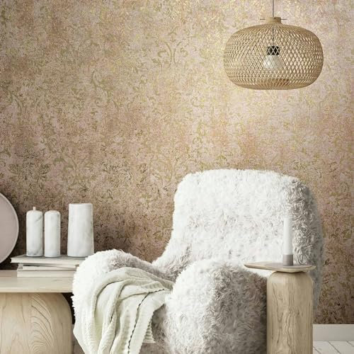K&L Wall Art orientalische Vliestapete glänzende Vintage Strukturtapete Wohnzimmer Bilder barocke Luxustapete inkl. Tapezier-Ratgeber (Damast Gold Braun)