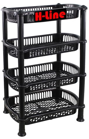 H-LINE 4 Tier Black Plastic Storage Shelf Shelves Basket Veg Fruit Rack Caddy Home Kitchen Bathroom Office