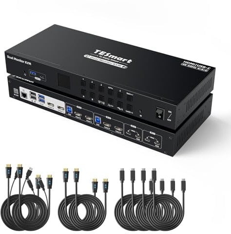 TESmart USB3.0 USB-C HDMI KVM Switch, for 2 Monitors 4 Computers, 4K@60Hz KVM Switch Dual Monitor, Support Gigabit Network and MST, EDID Emulators, Headset Port, Hotkey Switch,Button Switching