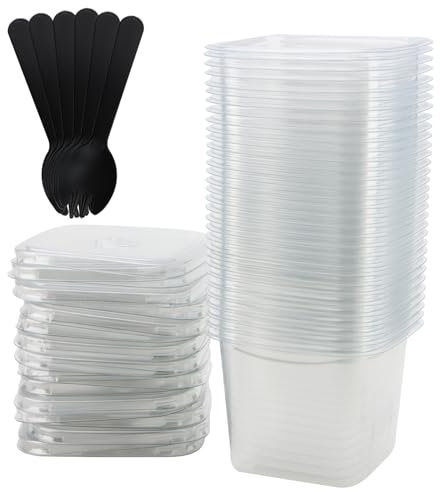 MOUYAT 100 Sets 12oz 360ml Plastic Dessert Cups with Lids Accessories, Square Dessert Pots Mousse Cups, Clear Parfait Cups Appetizer Cups Bulk for Cheesecake, Puddings, Fruit Salads, Ice Cream