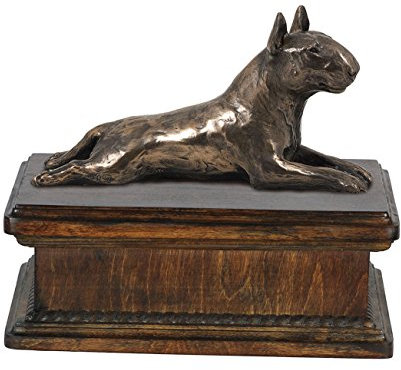 Art-Dog Custom Dog Mama Sitzende Statue Gedenkurne - Handgefertigte kaltgegossene Bronze auf Birkensockel - Urne für die Asche von Hunden - 24,5x29x21cm - 5l - Bullterrier I