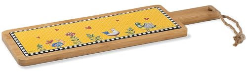 Tagliere di Egan della collezione Cocoricò. Oggetto realizzato in legno - ceramica giallo. Dimensione: 42x13 cm. La referenza è 228061