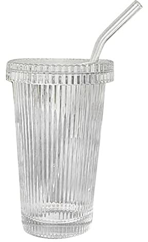 HNsdsvcd Vaso de vidrio simple a rayas con pajilla, vaso de vidrio para bebidas, vasos de vidrio con tapa