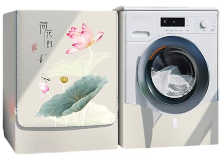 Odot Washer Dustproof Cover Front Load, Washing Machine Dryer Protector Waterproof Sunscreen Tumble Dryer Case Protective Cover for Most Front Loadi (pink and white lotus,L (7-8kg))